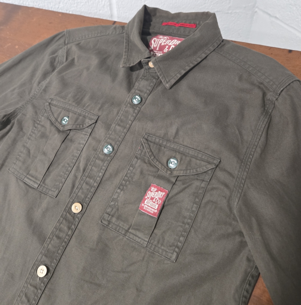 Superdry Mens Cotton Army Green Logo Embroidered Button Down Shirt Medium
